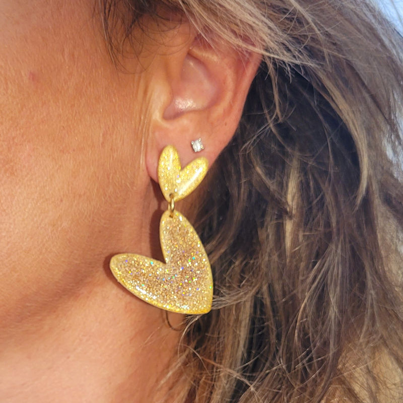 Boucle d'oreilles Double Love paillette dorée holographique