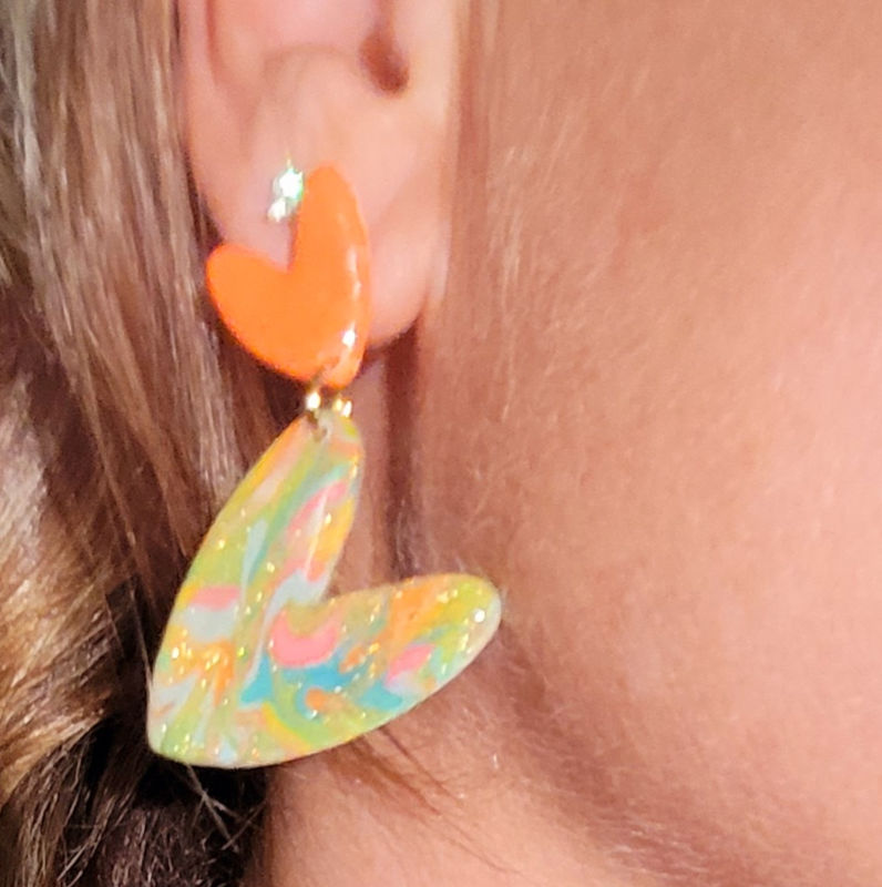 Boucles d'oreilles Double Love orange et marbré multicolore