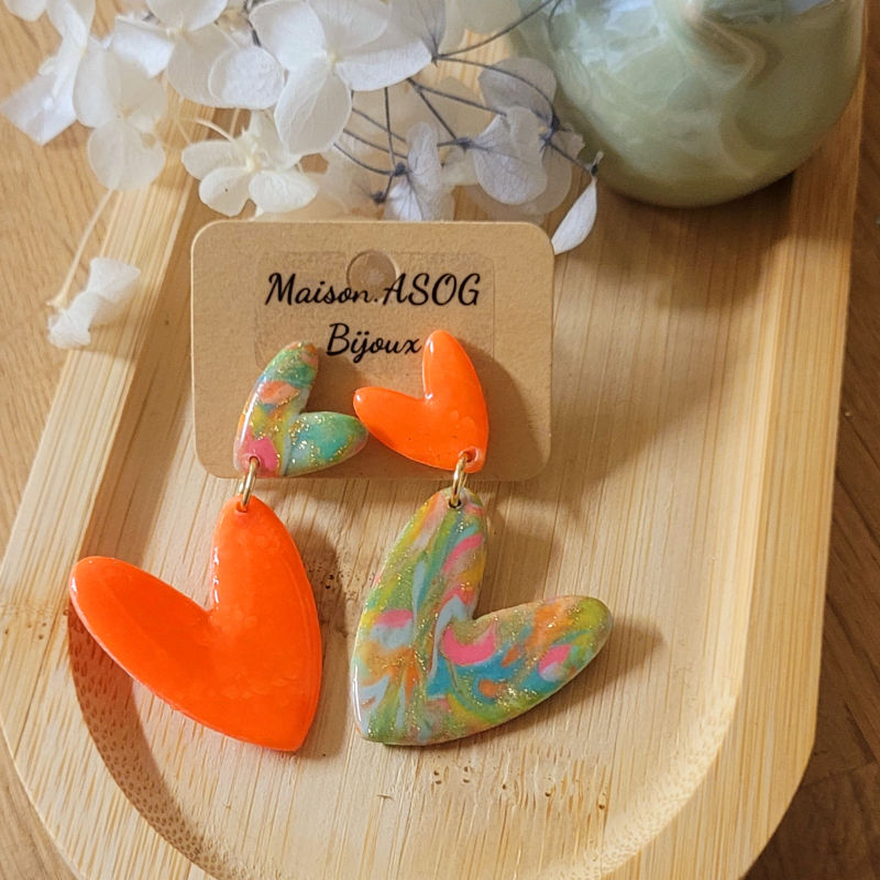Boucles d'oreilles Double Love orange et marbré multicolore