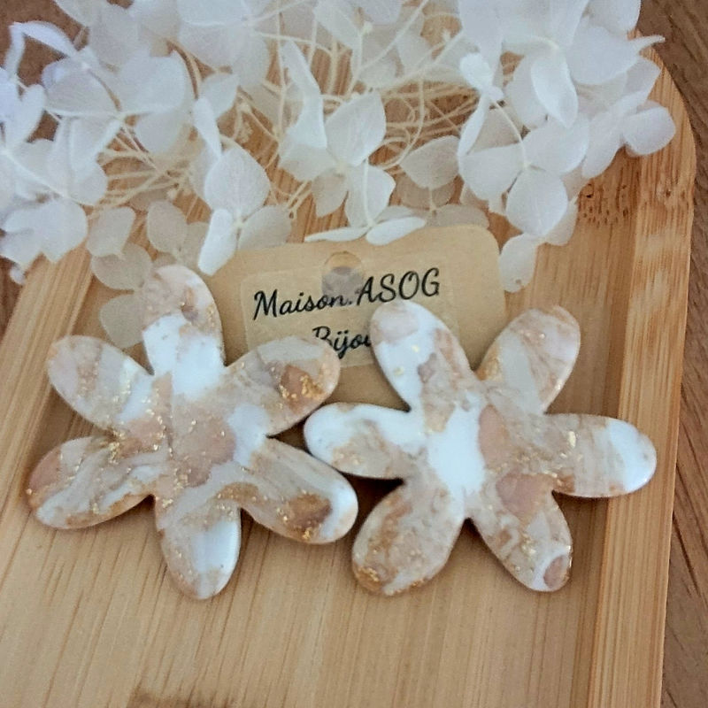 Boucles d'oreilles Flora marbré blanc beige et doré