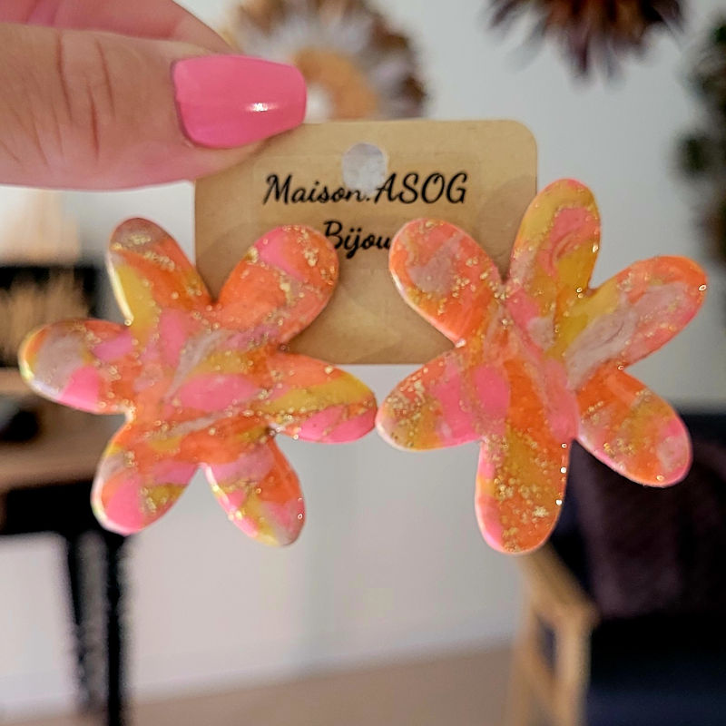 Boucles d'oreilles Flora marbré rose orange jaune beige et doré