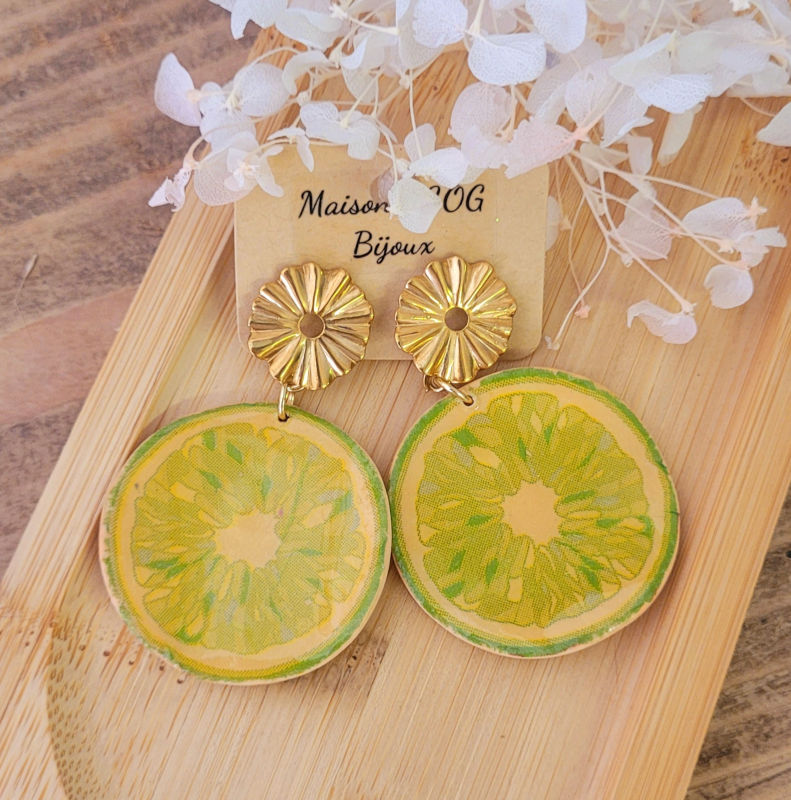 Boucles d'oreilles Fruit clou acier inoxydable doré tranche de citron