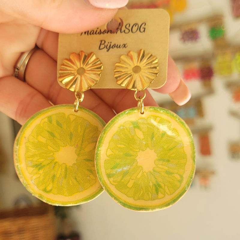 Boucles d'oreilles Fruit clou acier inoxydable doré tranche de citron