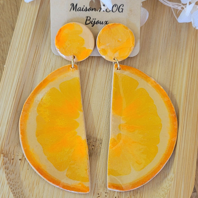 Boucle d'oreilles clou pastille et demi-lune Orange