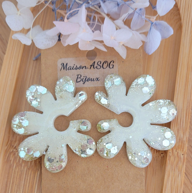 Boucles d'oreilles Giulia Blanc Nacré Paillette Argentée