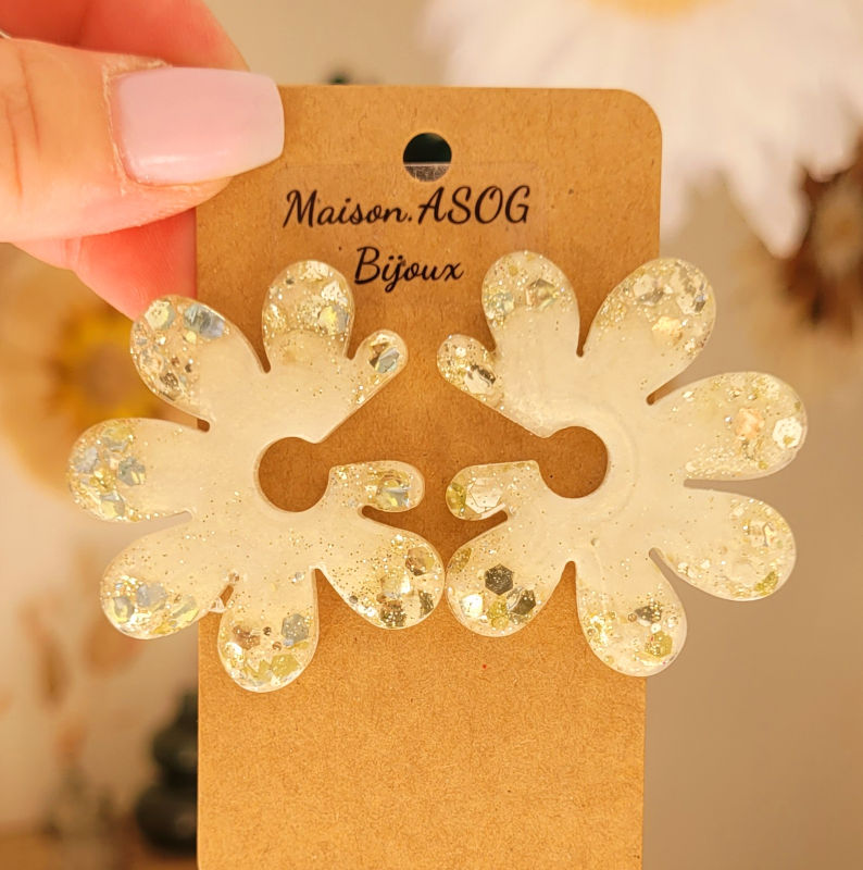 Boucles d'oreilles Giulia Blanc Nacré Paillette Argentée