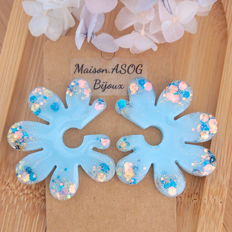 Boucles d'oreilles Giulia bleu pastel paillette bleu et dorée holographique