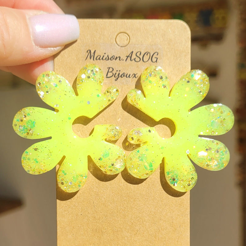 Boucles d'oreilles Giulia Jaune paillette doré holographique