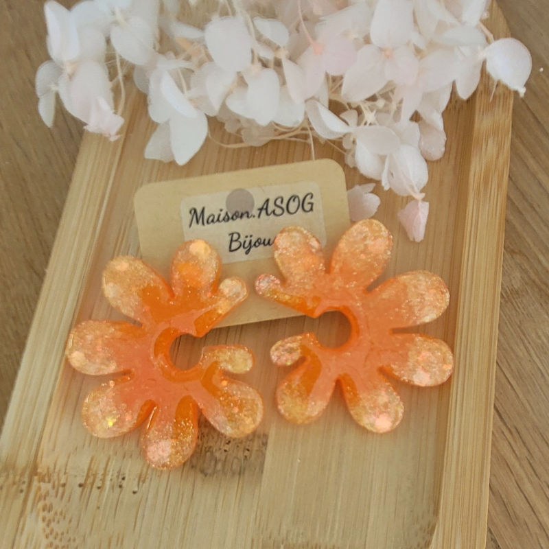 Boucles d'oreilles Giulia Orange paillette dorée holographique