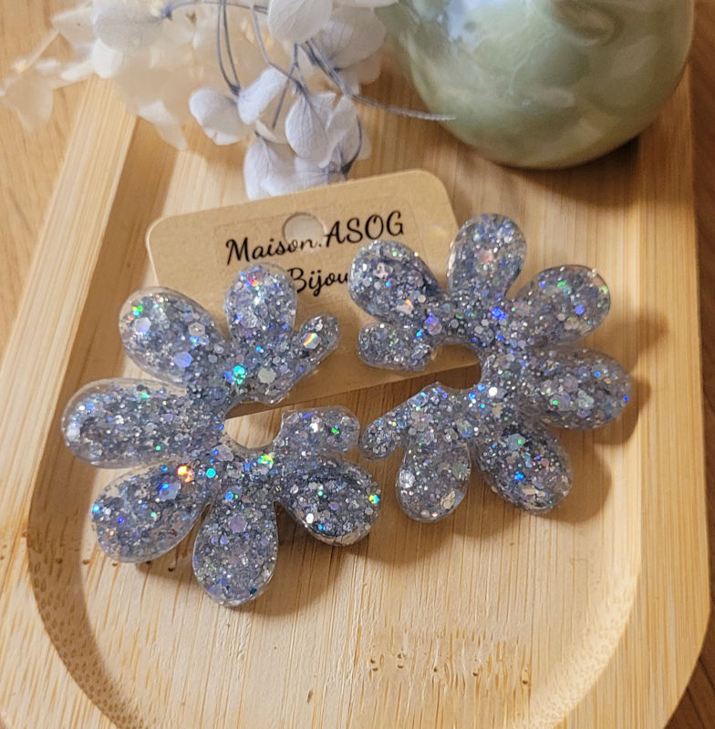 Boucles d'oreilles Giulia paillette grise holographique
