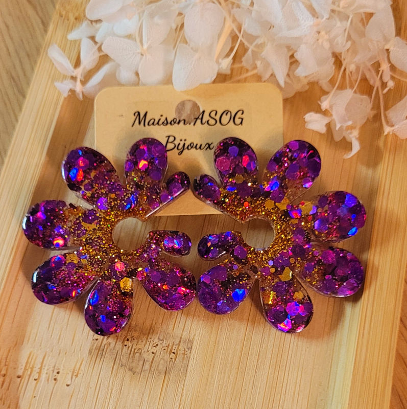 Boucles d'oreilles Giulia Prune pailletée Doré
