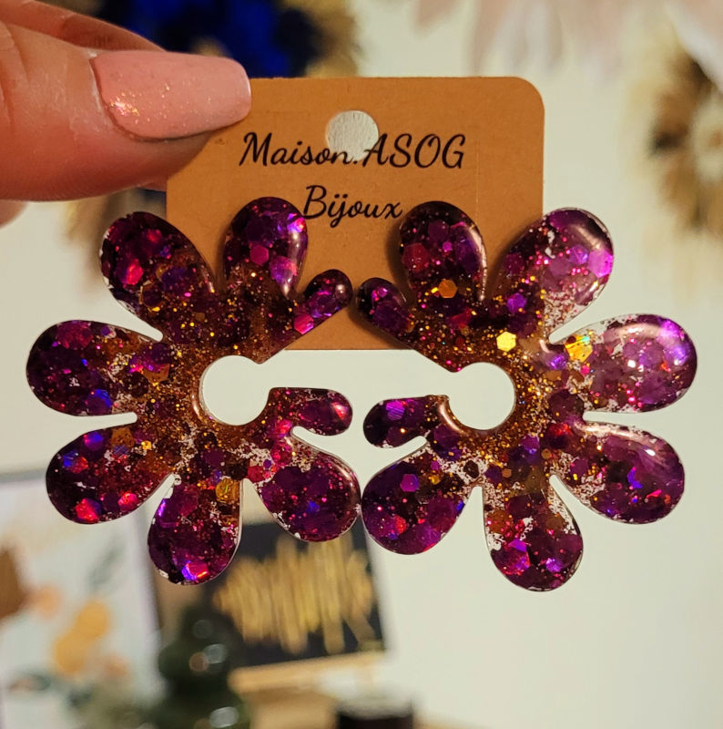 Boucles d'oreilles Giulia Prune pailletée Doré