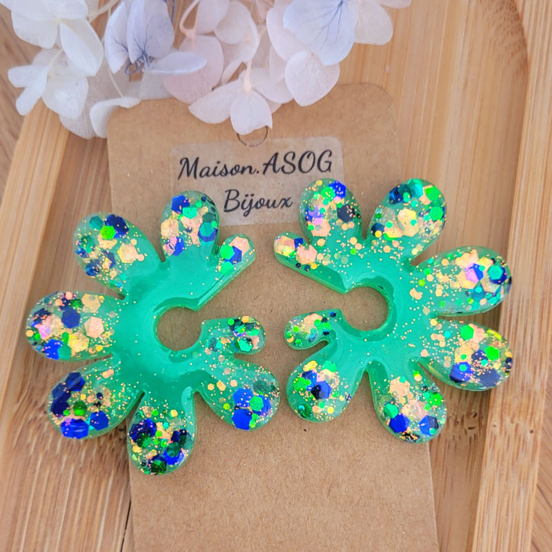 Boucles d'oreilles Giulia Vert paillette bleu et dorée holographique