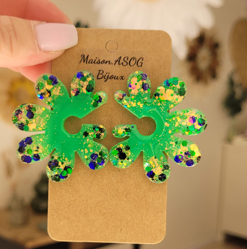 Boucles d'oreilles Giulia Vert paillette bleu et dorée holographique