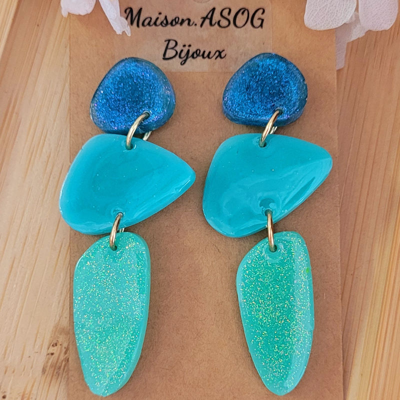 Boucles d'oreilles Jackie bleu vert paillette fine bleu holographique