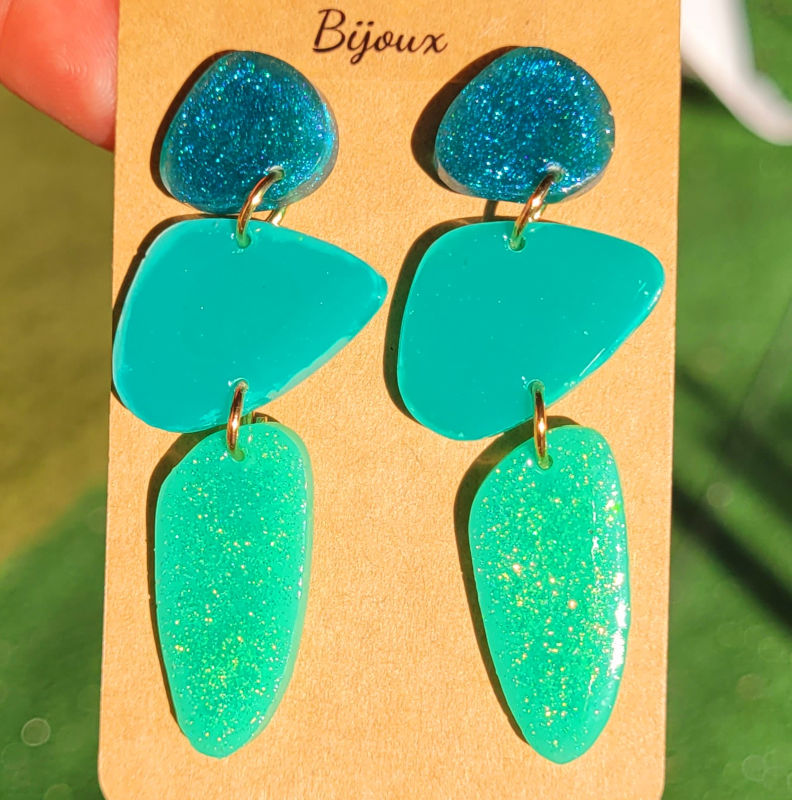 Boucles d'oreilles Jackie bleu vert paillette fine bleu holographique