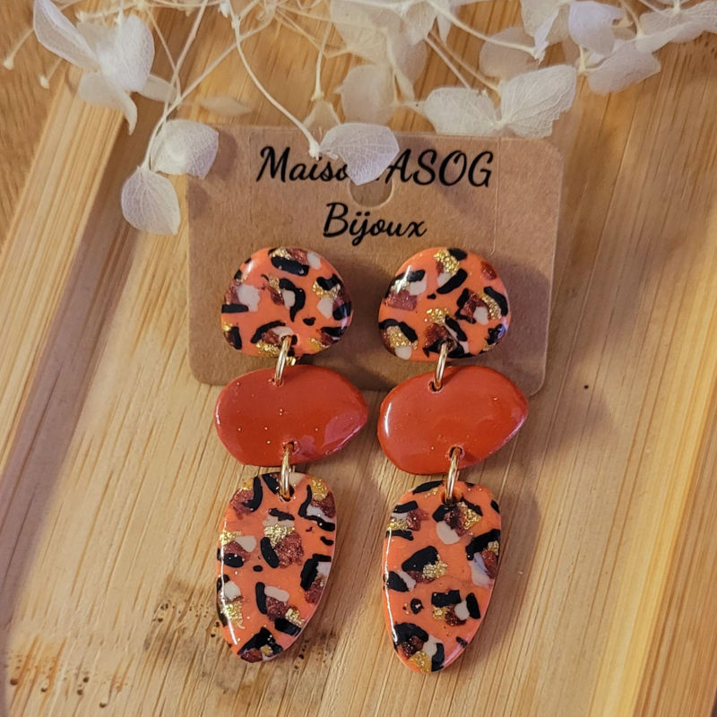 Boucle d'oreille Jackie léopard terracotta beige caramel doré
