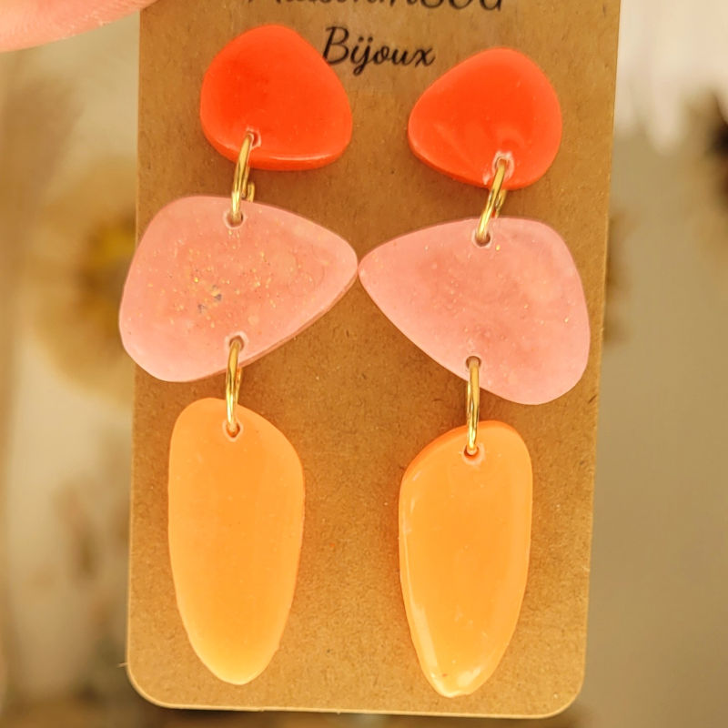 Boucles d'oreilles Jackie rose saumon paillette fine dorée holographique