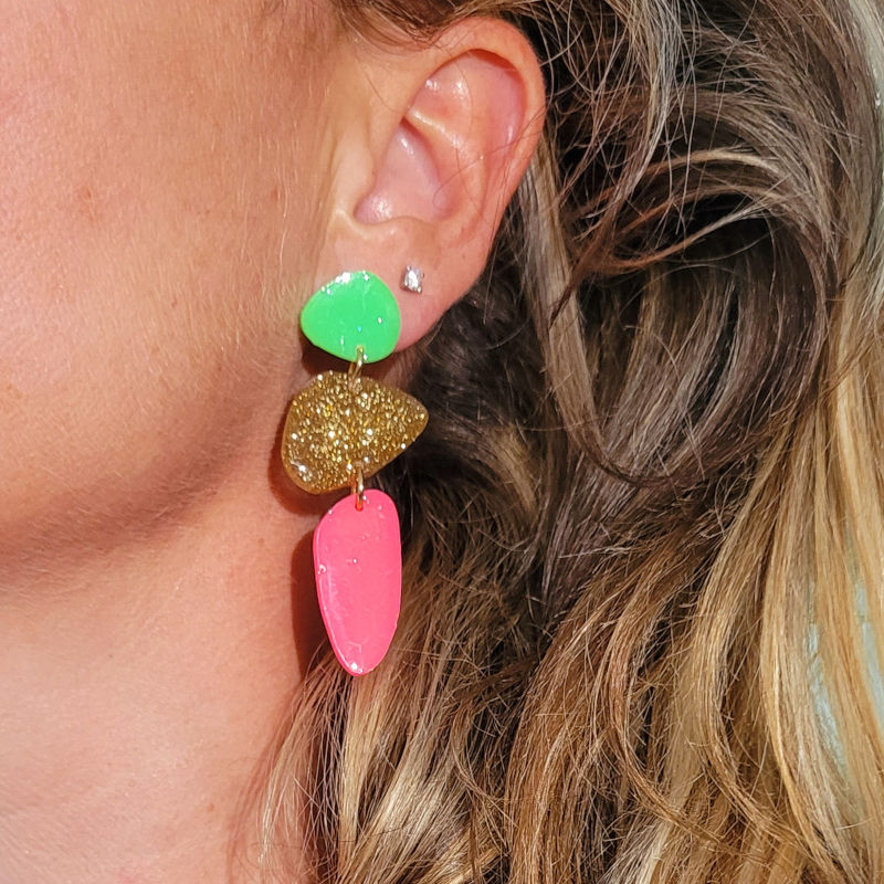 Boucles d'oreilles Jackie rose vert flashy paillette dorée