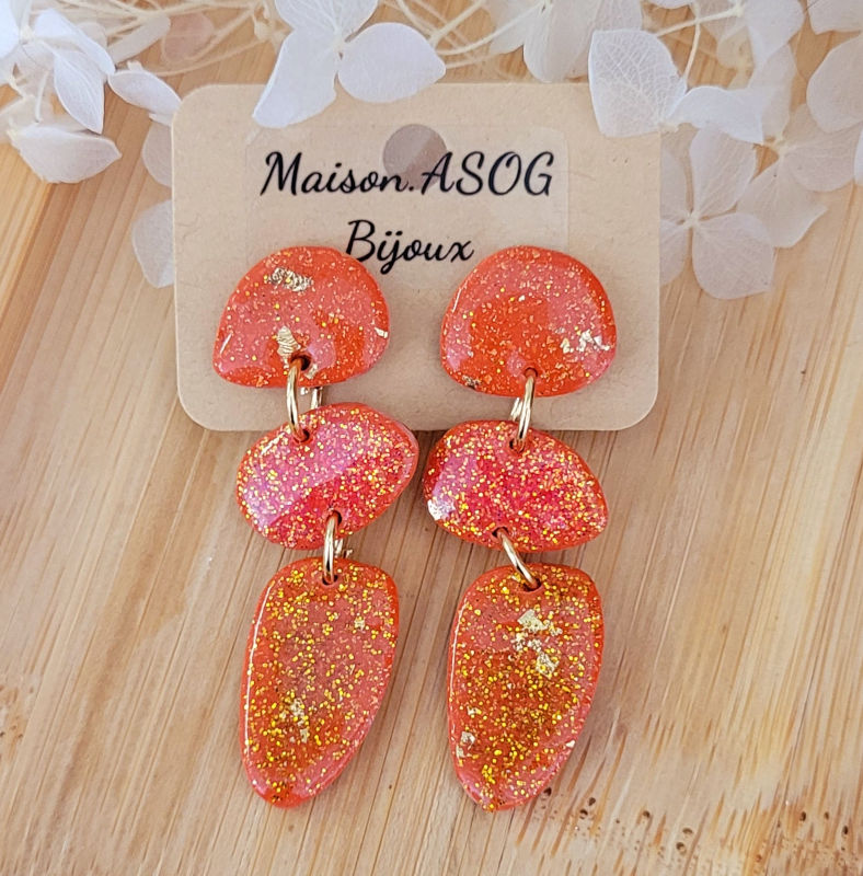 Boucle d'oreille Jackie rouge brique et orange pailleté