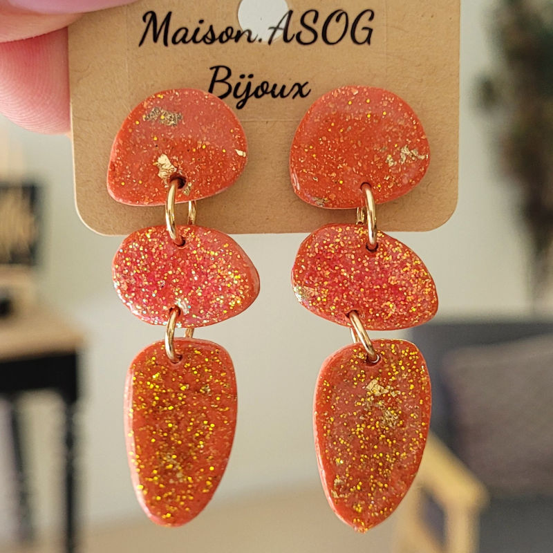 Boucle d'oreille Jackie rouge brique et orange pailleté
