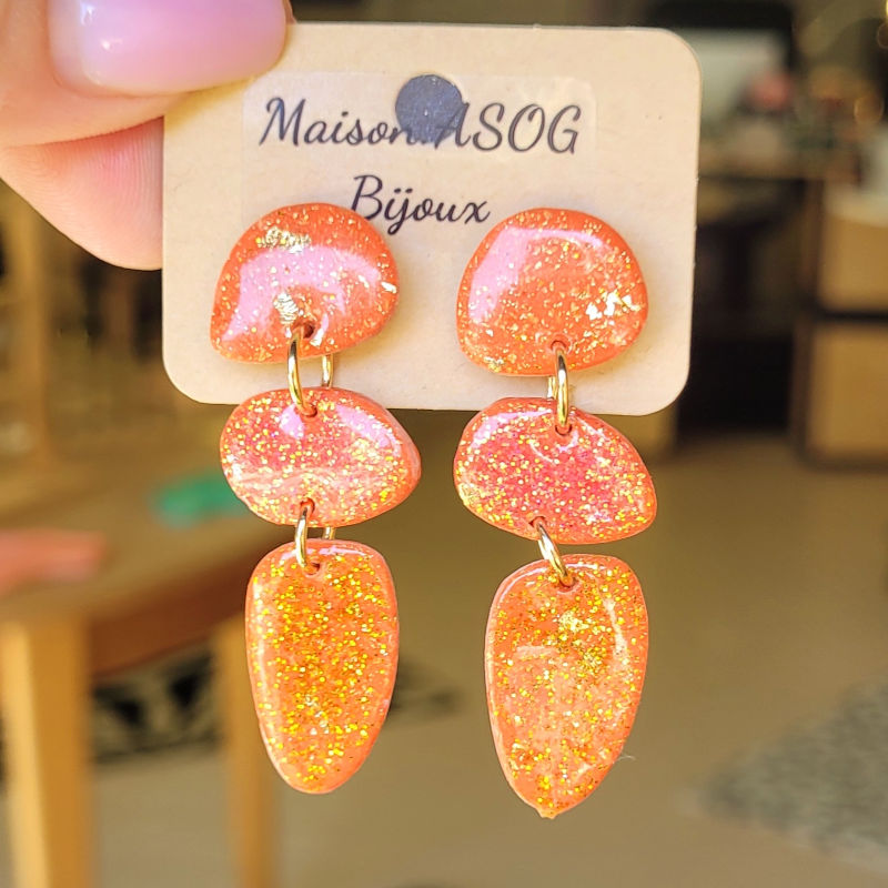 Boucle d'oreille Jackie rouge brique et orange pailleté