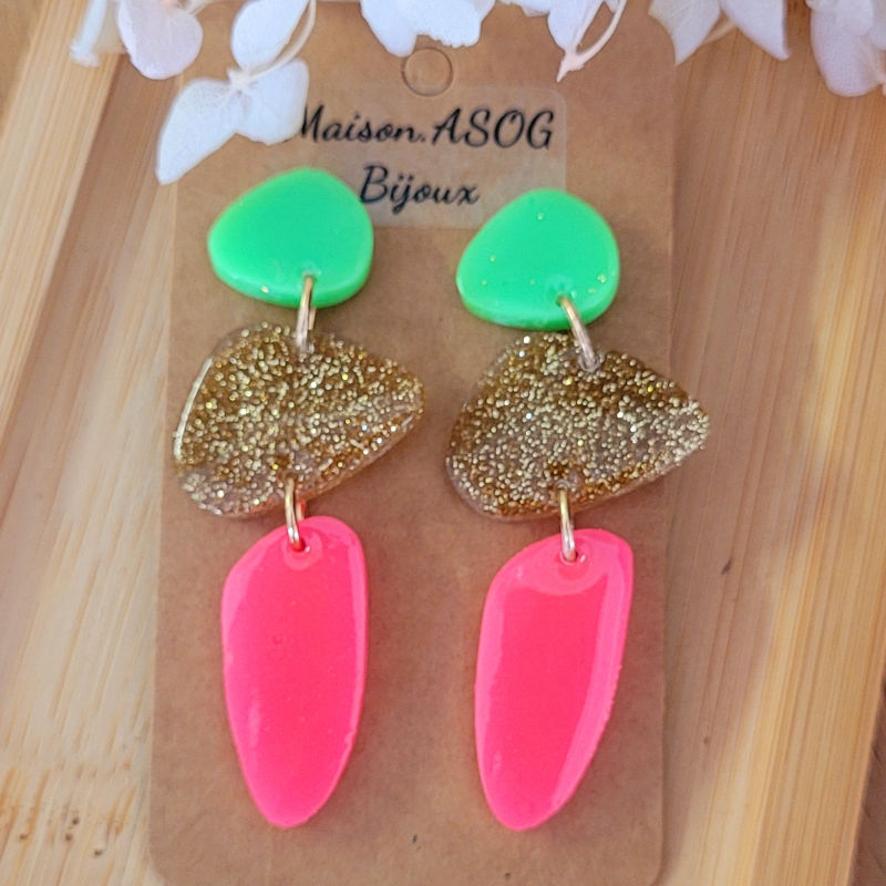 Boucles d'oreilles Jackie rose vert flashy paillette dorée