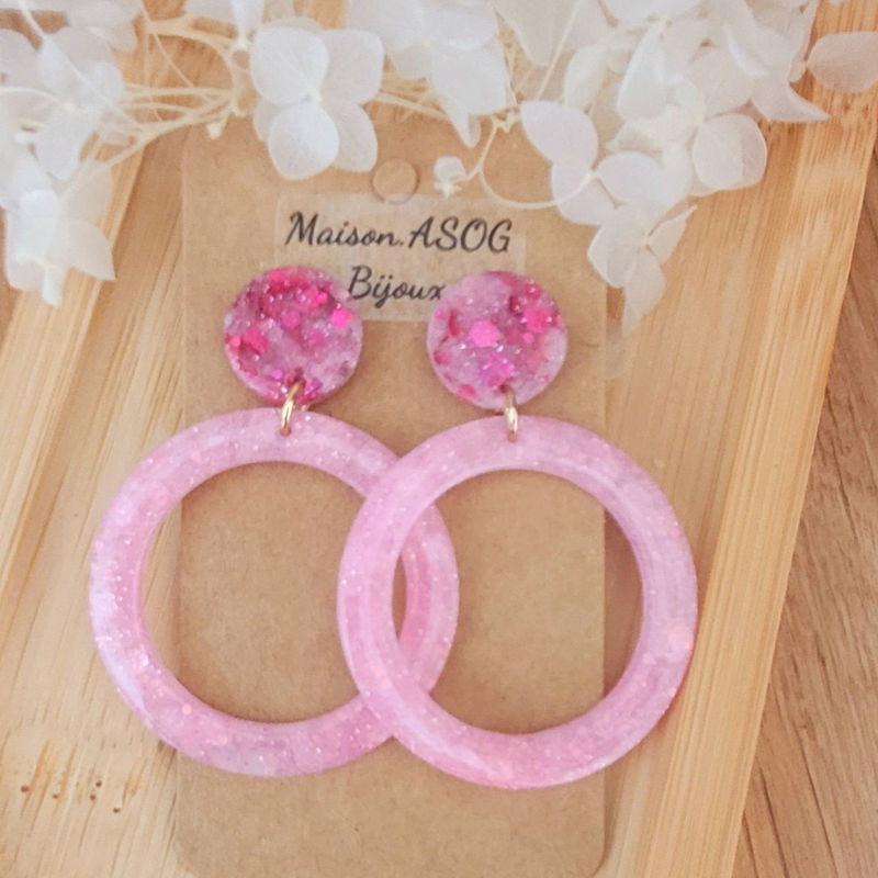 Boucles d'oreilles Jeanne pastille rose paillette fushia et créole rose paillette clair