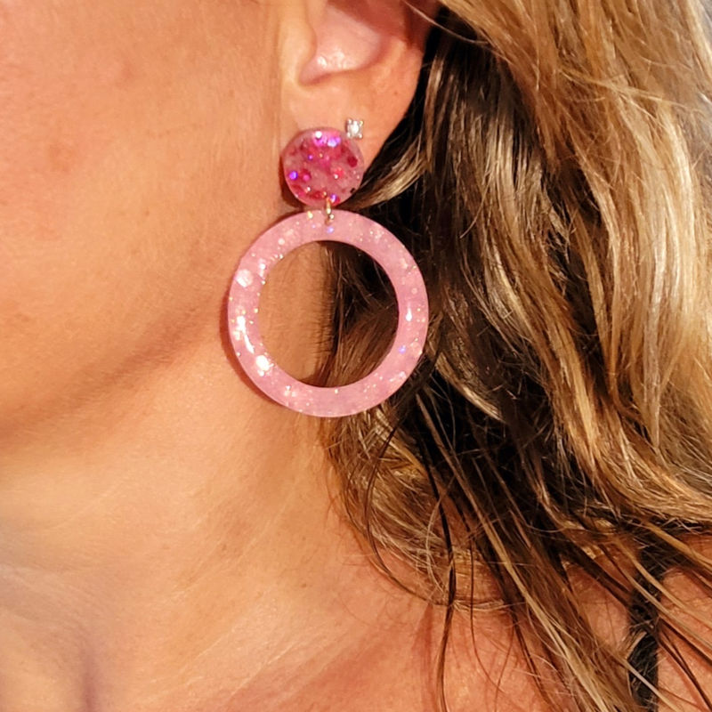 Boucles d'oreilles Jeanne pastille rose paillette fushia et créole rose paillette clair