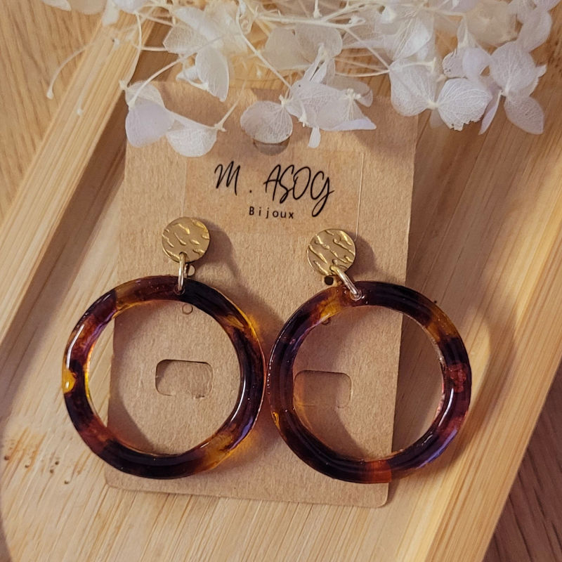 Boucles d'oreilles Jeannette pastille acier doré et créole tortoise marron caramel