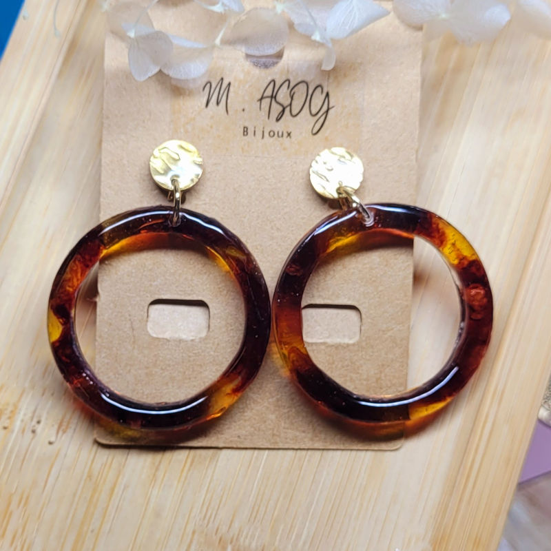 Boucles d'oreilles Jeannette pastille acier doré et créole tortoise marron caramel
