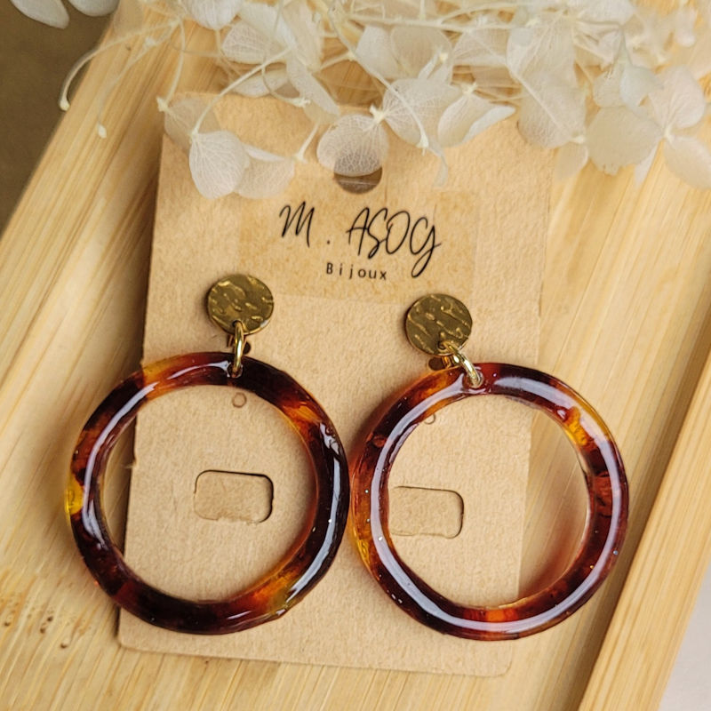 Boucles d'oreilles Jeannette pastille acier doré et créole tortoise marron caramel