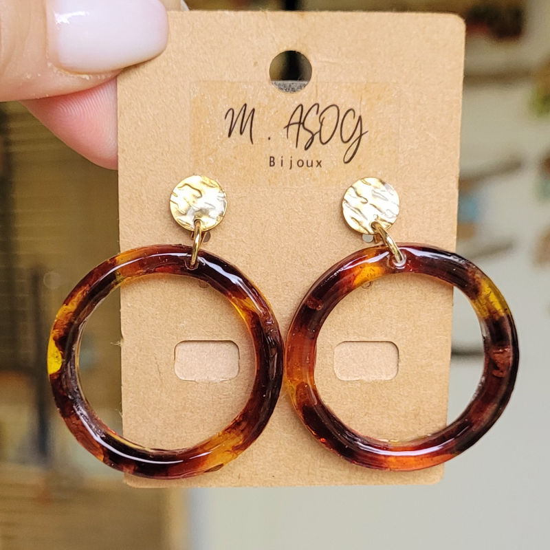 Boucles d'oreilles Jeannette pastille acier doré et créole tortoise marron caramel