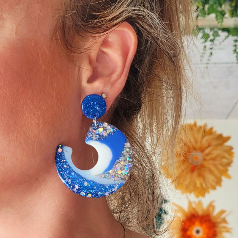 Boucles d'oreilles Louna bleu blanc paillette argentée