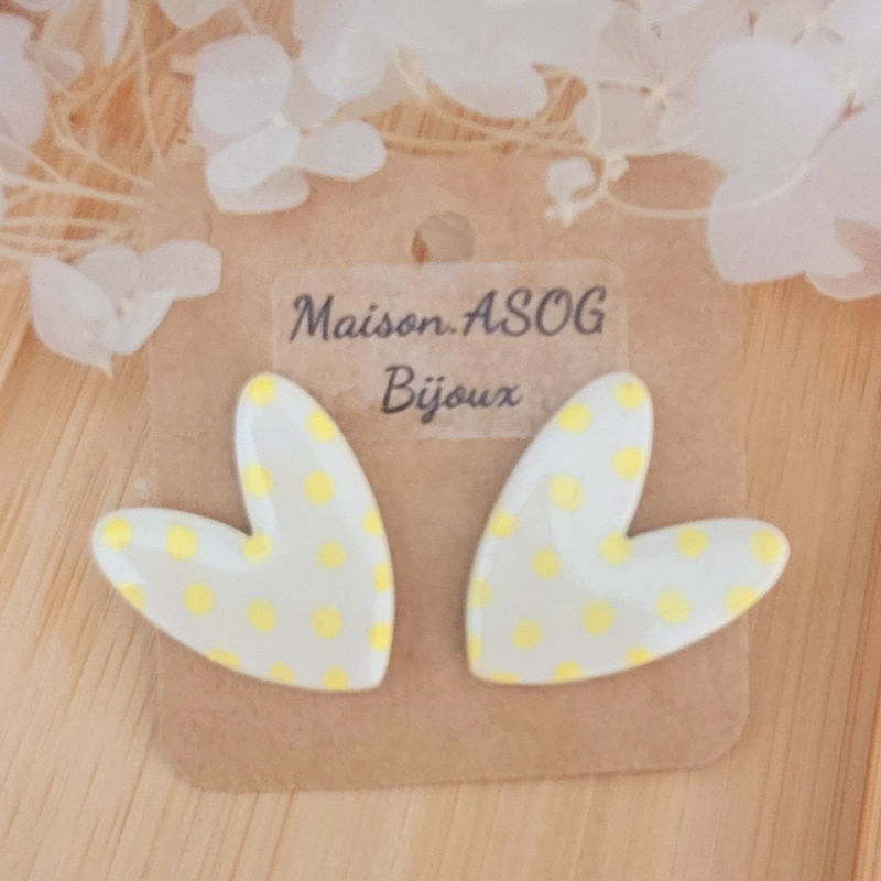 Boucles d'Oreille Love blanche à pois jaune clair