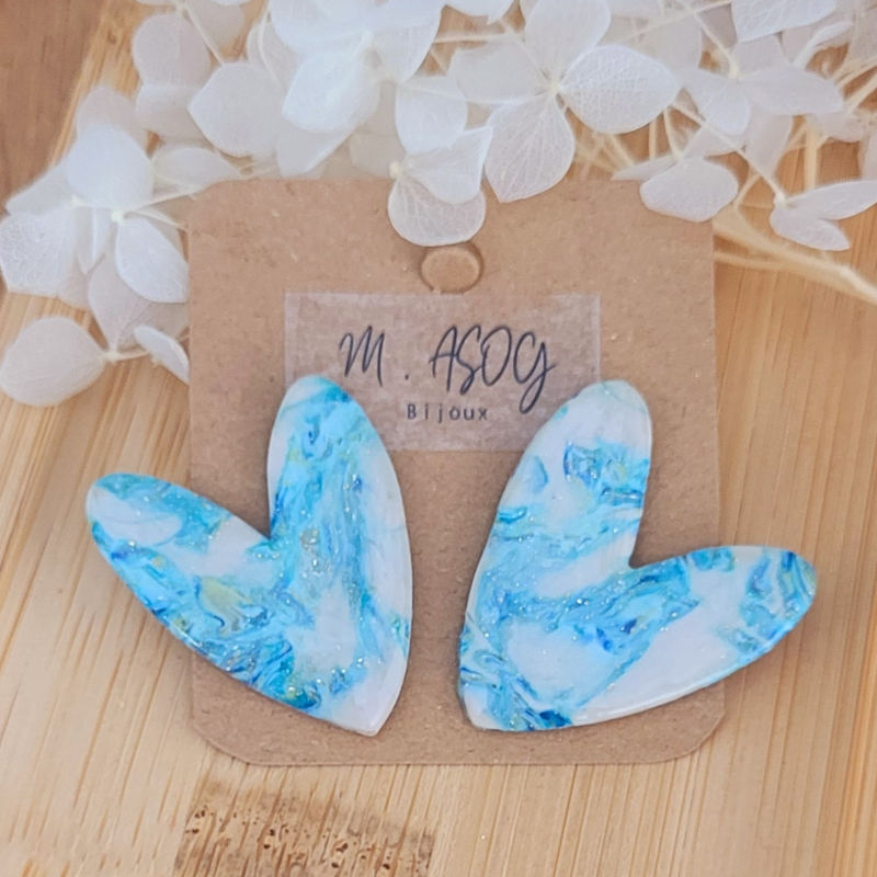 Boucles d'Oreille Love marbrée bleu et blanc