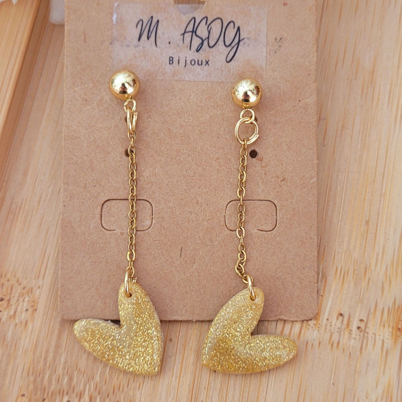 Boucles d'oreille Love pendante avec chaîne doré doré pailleté