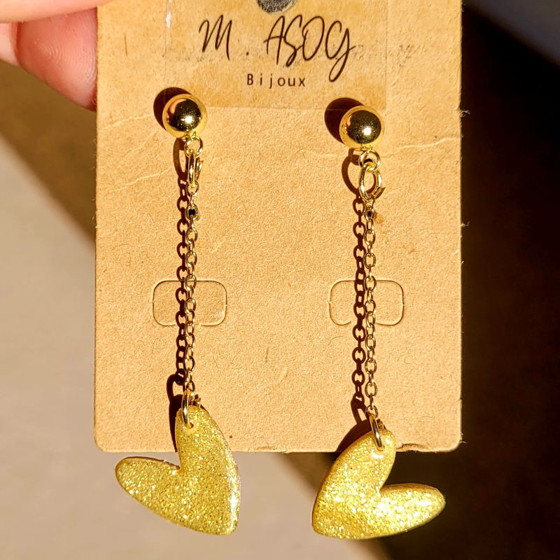 Boucles d'oreille Love pendante avec chaîne doré doré pailleté