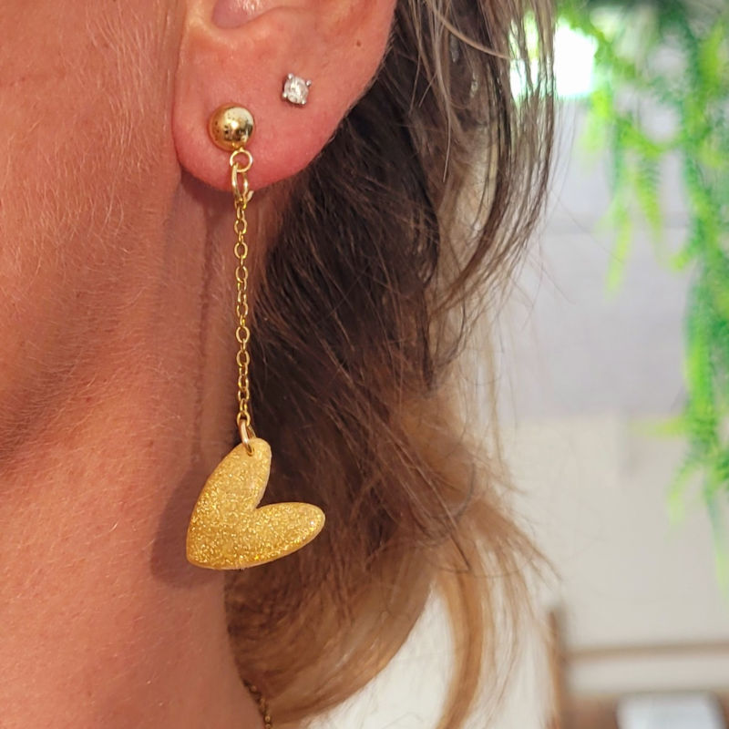 Boucles d'oreille Love pendante avec chaîne doré doré pailleté