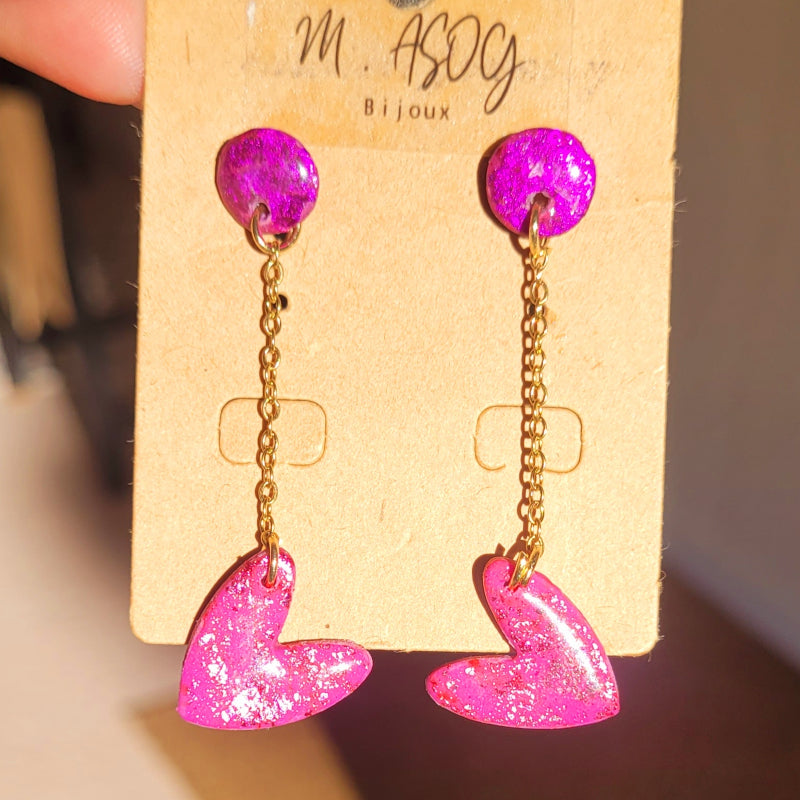 Boucles d'oreille Love pendante avec chaîne doré rose fushia pailleté rosé cuivré
