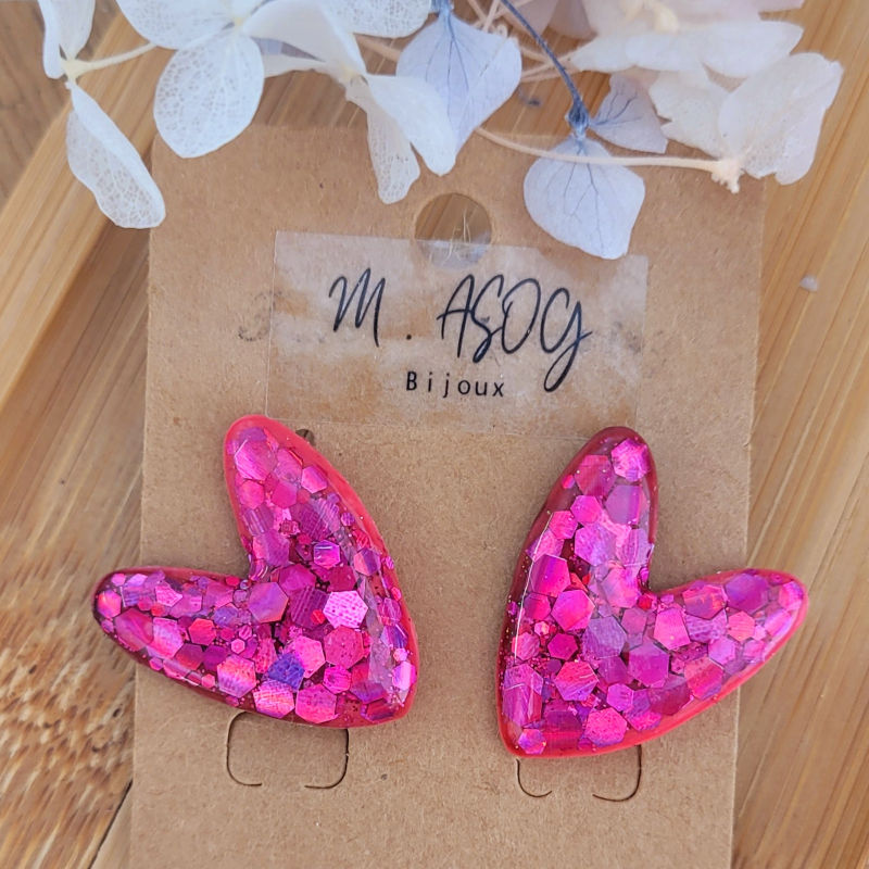 Boucles d'Oreille Love paillette rose fuschia