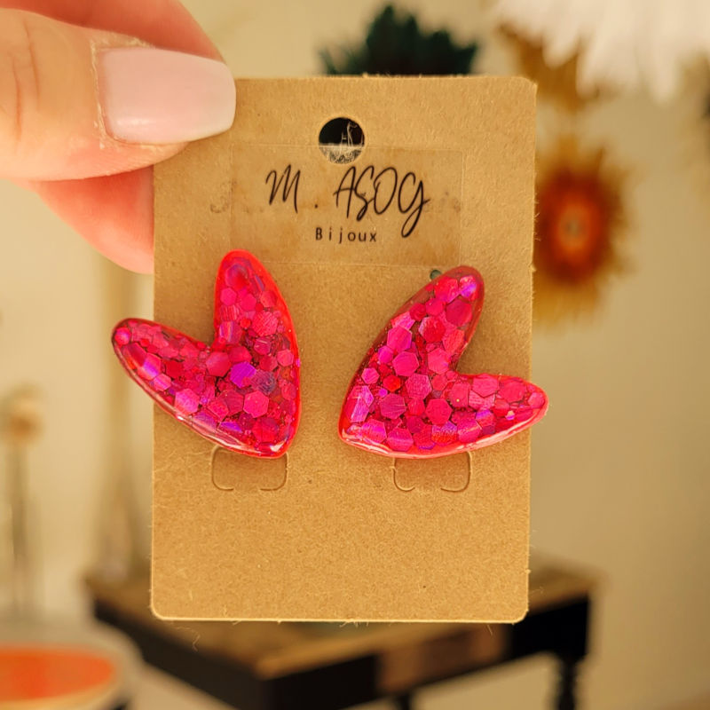 Boucles d'Oreille Love paillette rose fuschia
