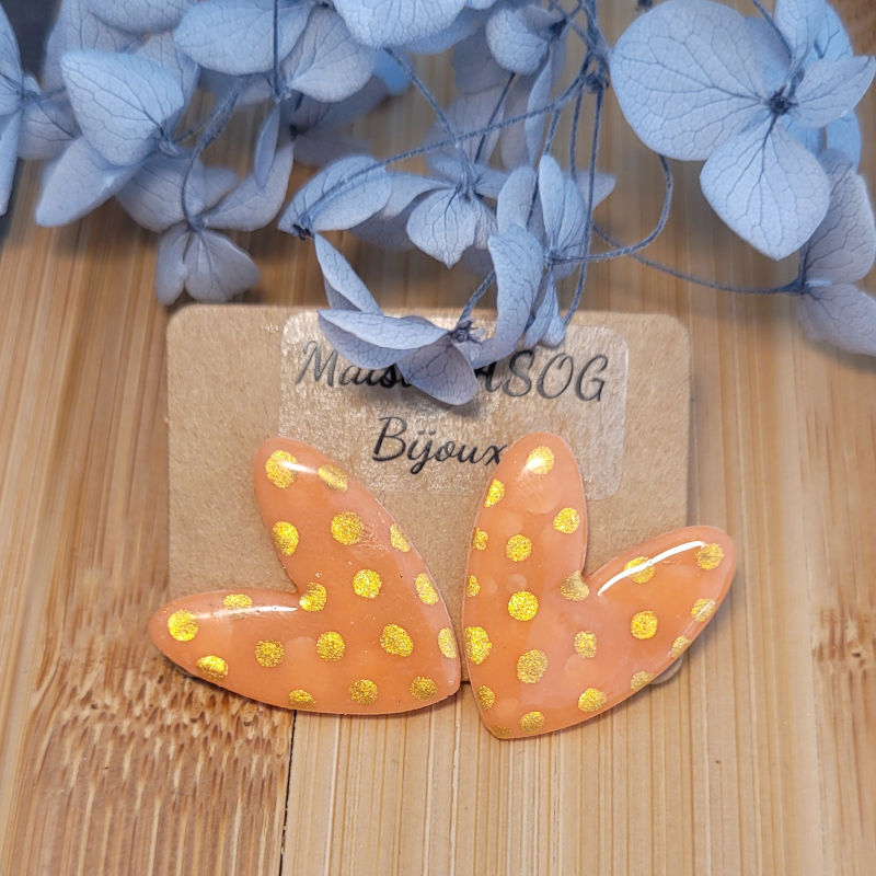 Boucle d'oreille Love saumon à pois doré