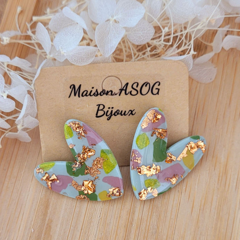 Boucles d'oreille Love vert sauge tachetée rose vert anis rosé cuivré