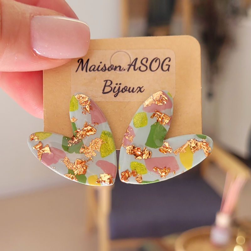 Boucles d'oreille Love vert sauge tachetée rose vert anis rosé cuivré