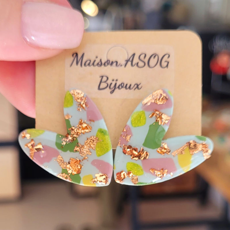 Boucles d'oreille Love vert sauge tachetée rose vert anis rosé cuivré