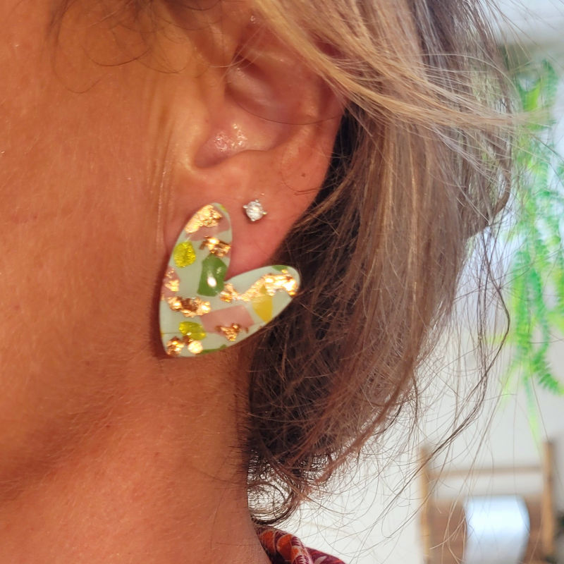 Boucles d'oreille Love vert sauge tachetée rose vert anis rosé cuivré