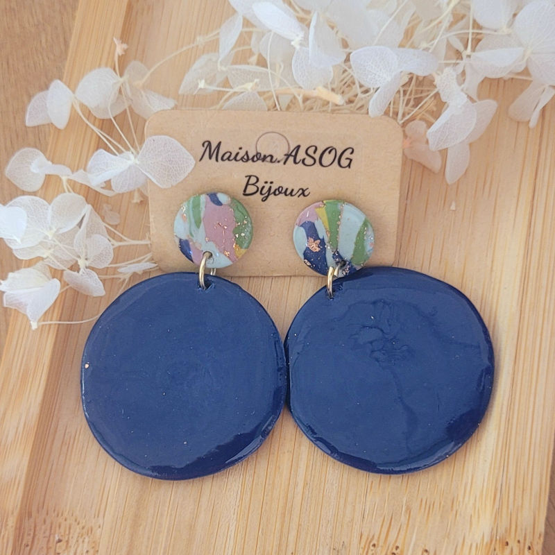Boucle d'oreille Margot marbré vert sauge anis rose et bleu marine