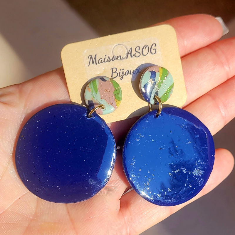 Boucle d'oreille Margot marbré vert sauge anis rose et bleu marine