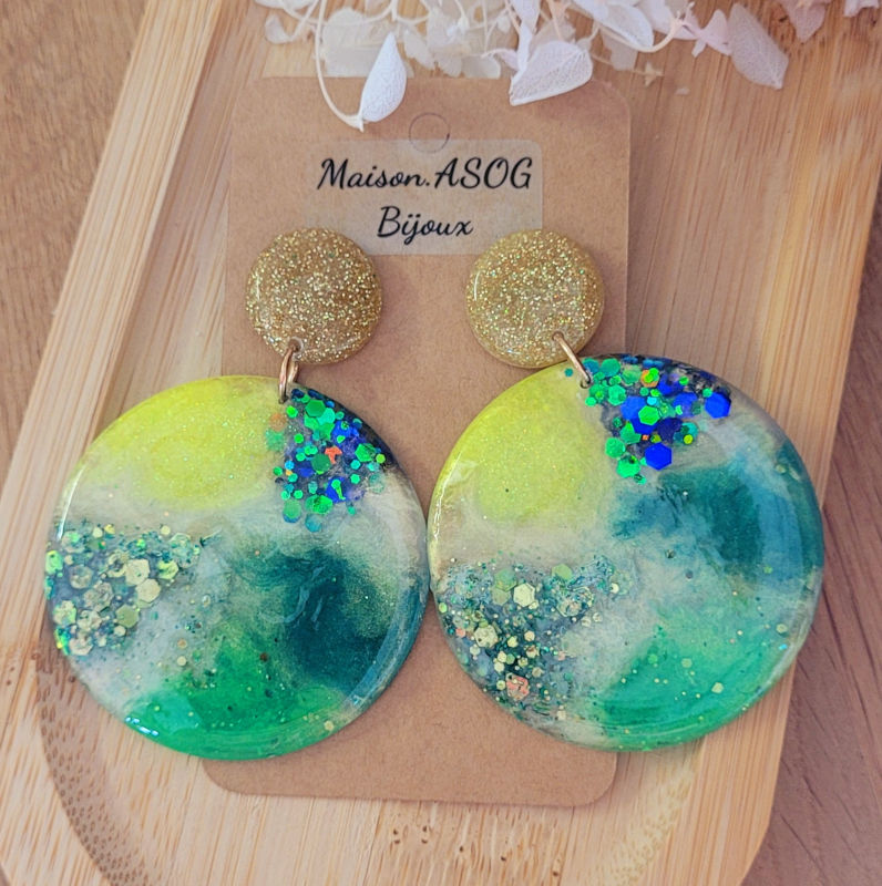 Boucles d'oreilles Margot fluo doré bleu vert jaune paillette